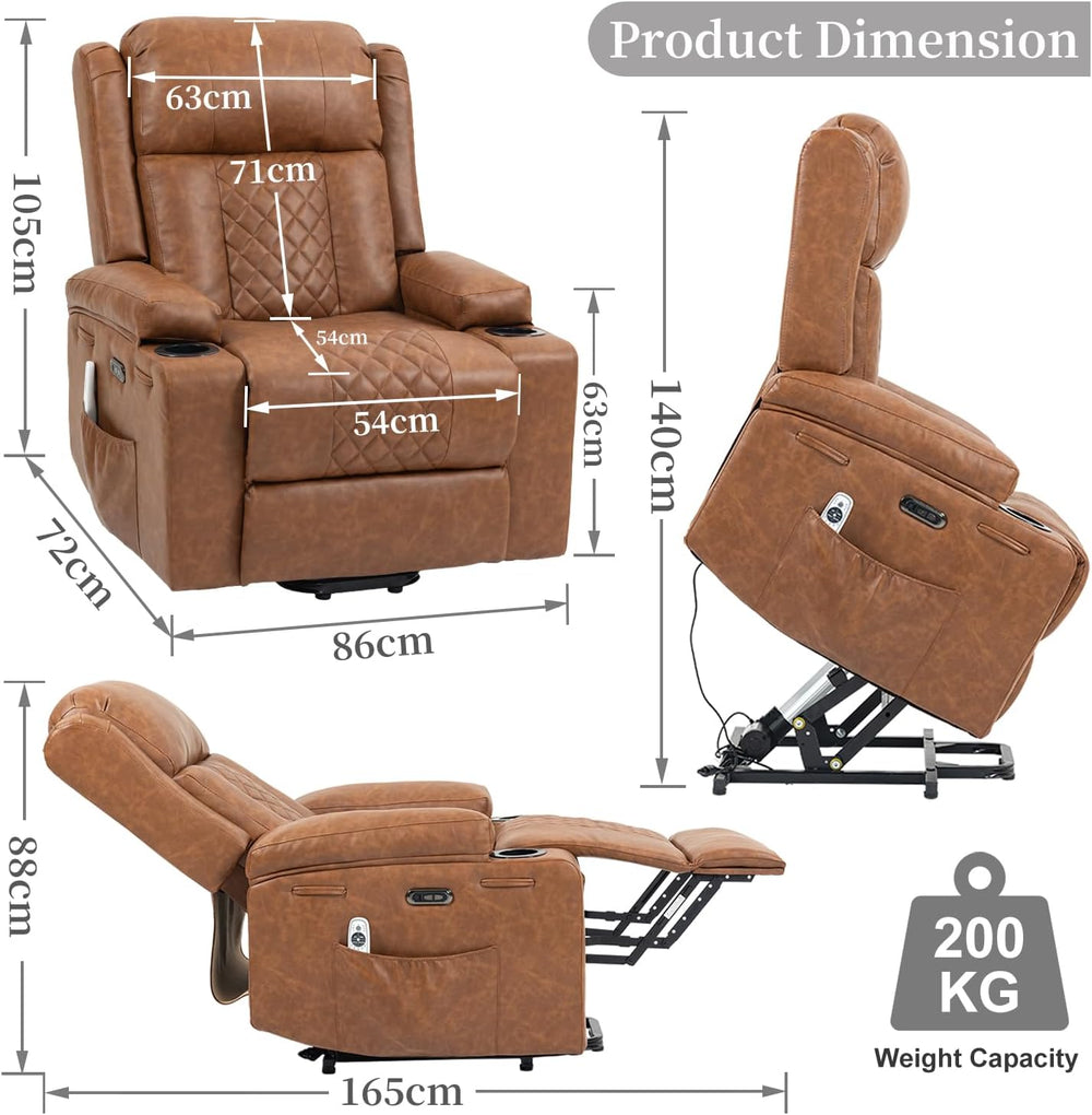 Bristol Orthopaedic Power Lift Armchair in Vintage Chestnut Brown PU Leather with Type-C Port & Heated Massage Specifications