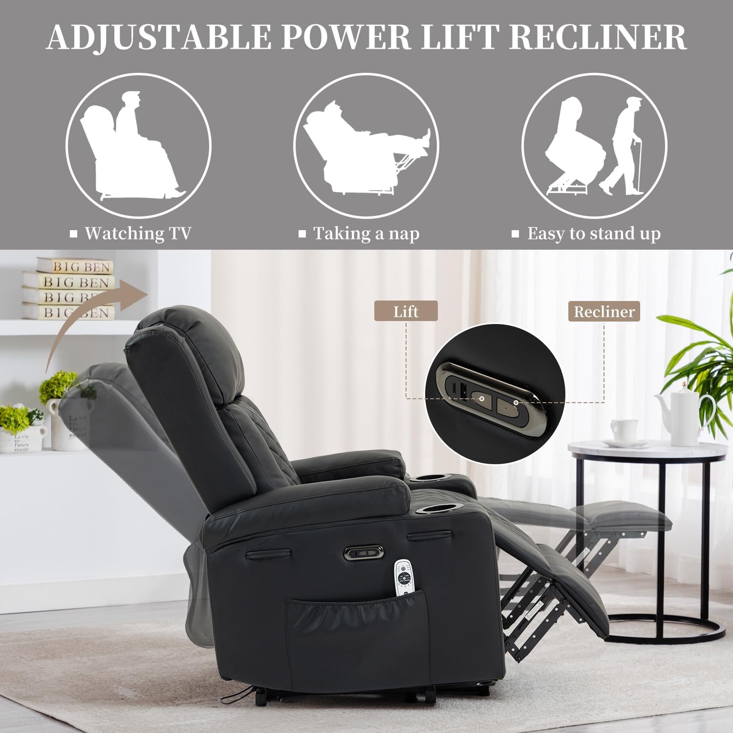 Bristol Electric Stand-Assist Lift Chair in Breathable Black PU Leather with USB/Type-C Charging & Integrated Cup Holders