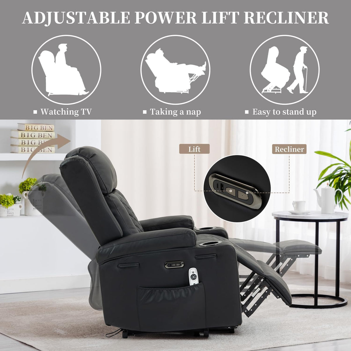 Bristol Electric Stand-Assist Lift Chair in Breathable Black PU Leather with USB/Type-C Charging & Integrated Cup Holders
