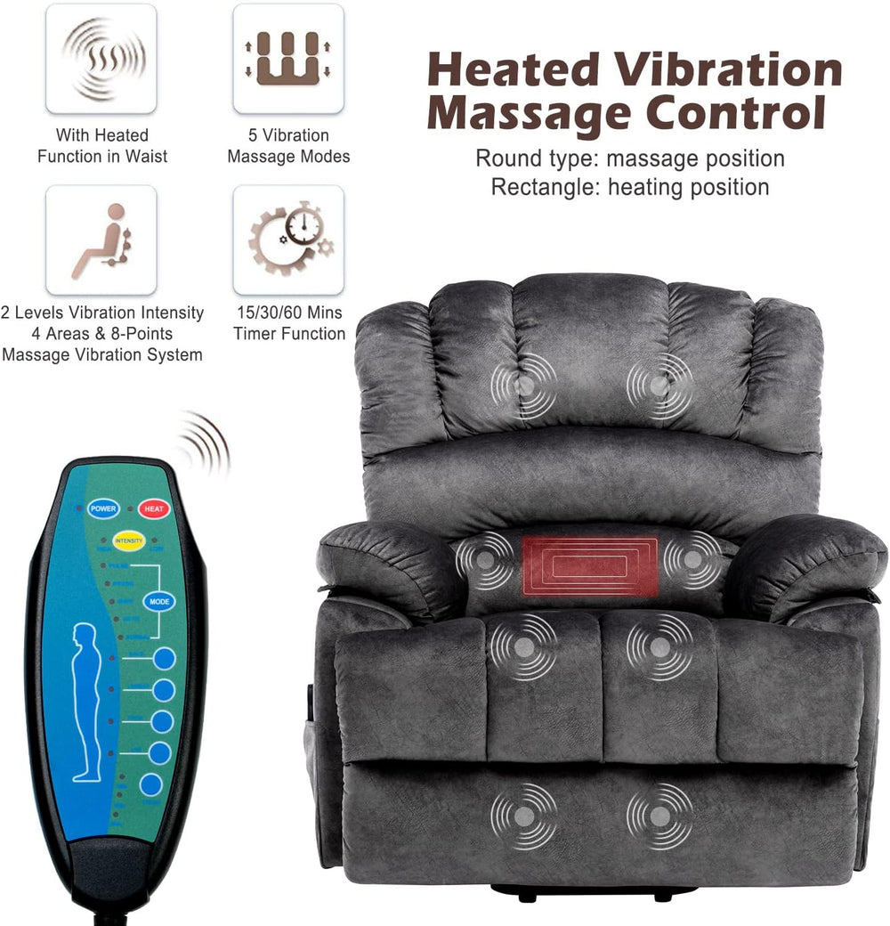 Devon Grey Electric Power Lift Recliner Armchair with 8-Point Heated Massage & Anti-Slip Twill Fabric