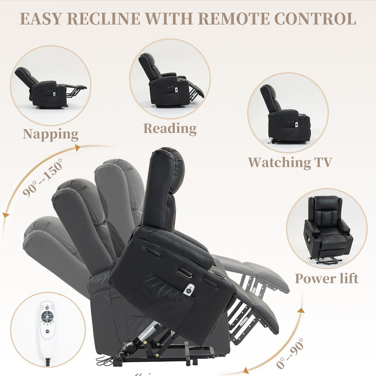 Bristol Electric Stand-Assist Lift Chair in Breathable Black PU Leather with USB/Type-C Charging & Integrated Cup Holders