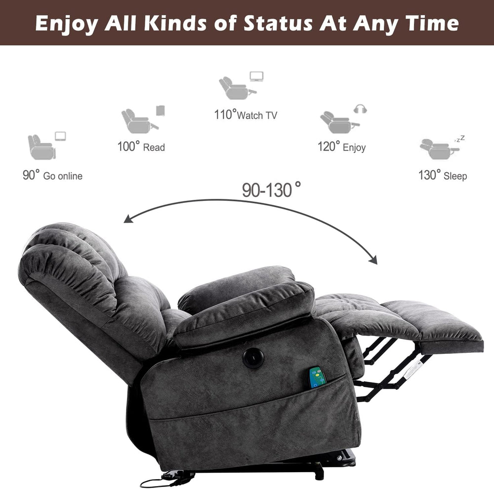 Devon Grey Electric Power Lift Recliner Armchair with 8-Point Heated Massage & Anti-Slip Twill Fabric