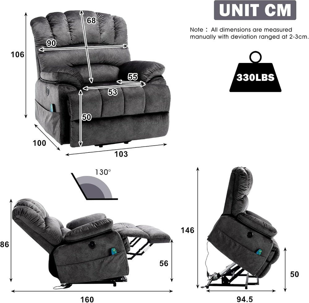 Devon Grey Electric Power Lift Recliner Armchair with 8-Point Heated Massage & Anti-Slip Twill Fabric Specifications