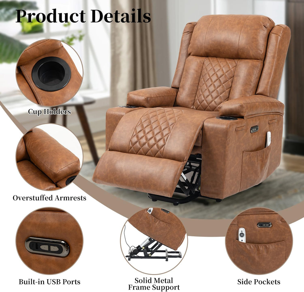 Bristol Orthopaedic Power Lift Armchair in Vintage Chestnut Brown PU Leather with Type-C Port & Heated Massage
