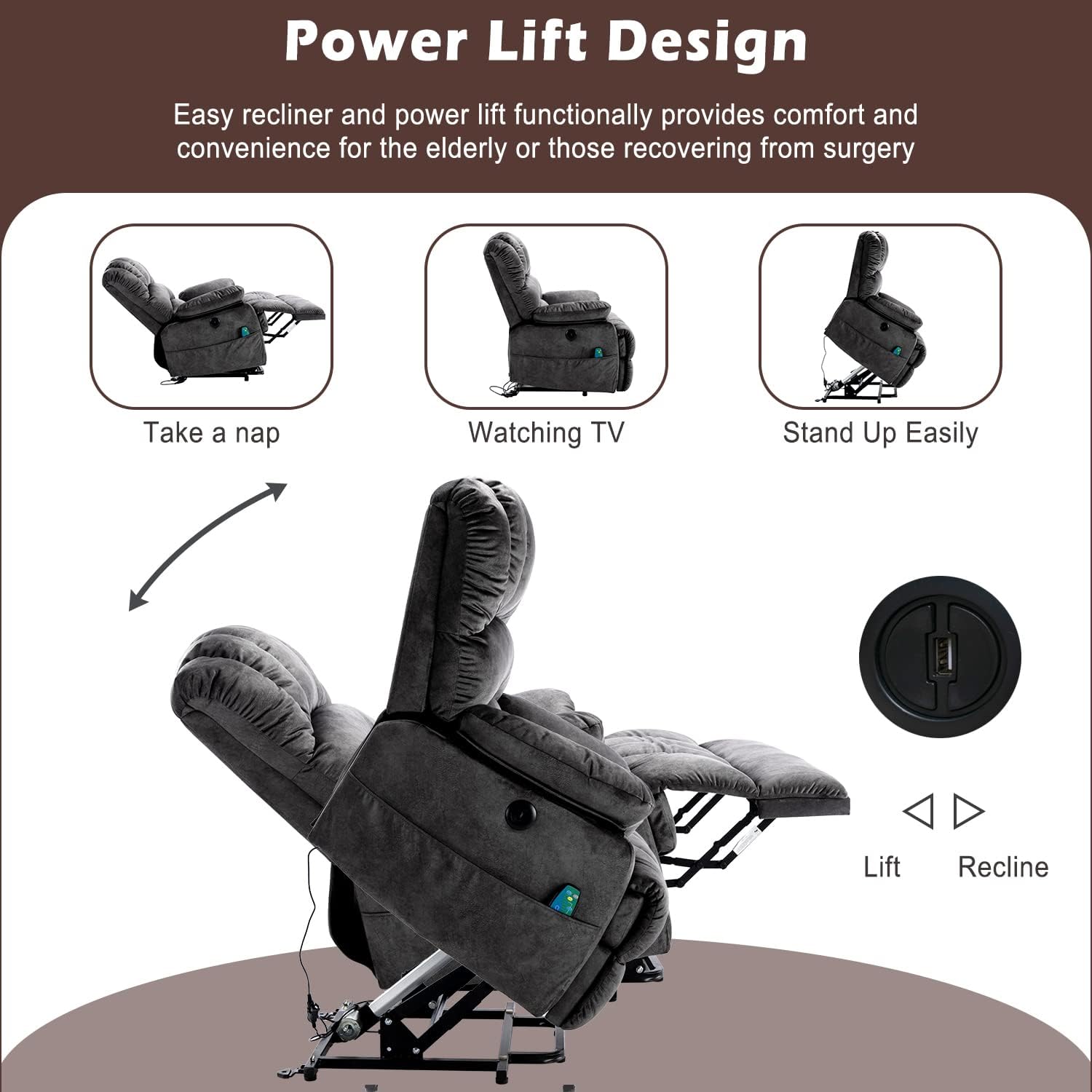 Devon Grey Electric Power Lift Recliner Armchair with 8-Point Heated Massage & Anti-Slip Twill Fabric