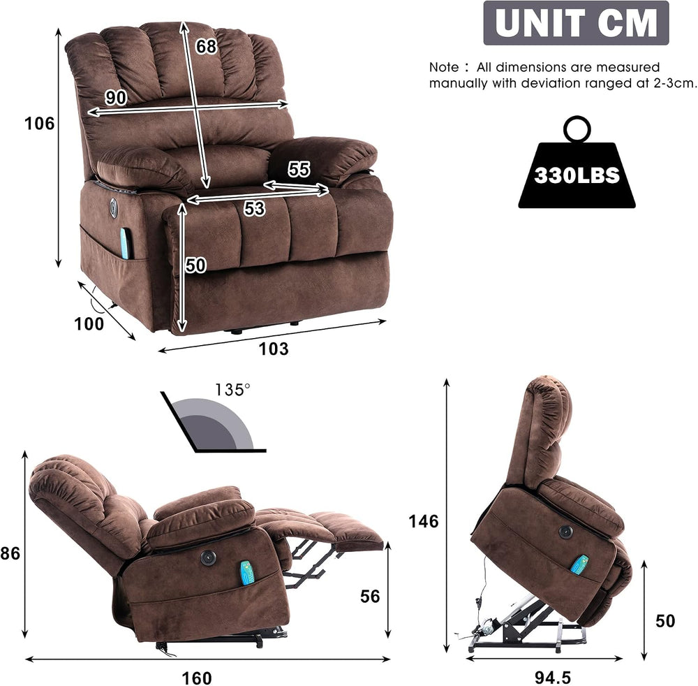 Devon Orthopaedic Power Lift Armchair in Warm Chestnut Brown Twill with OKIN Drive Motor, USB Charger & Lumbar Heat Specifications