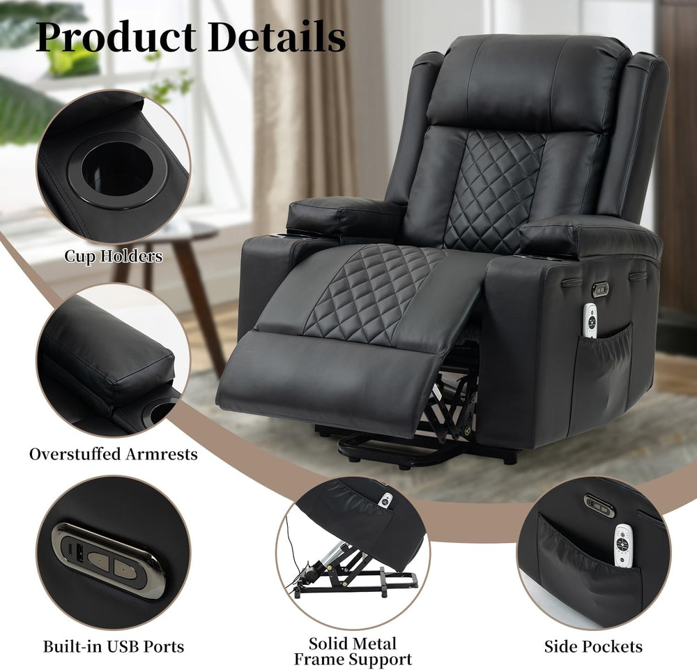 Bristol Electric Stand-Assist Lift Chair in Breathable Black PU Leather with USB/Type-C Charging & Integrated Cup Holders