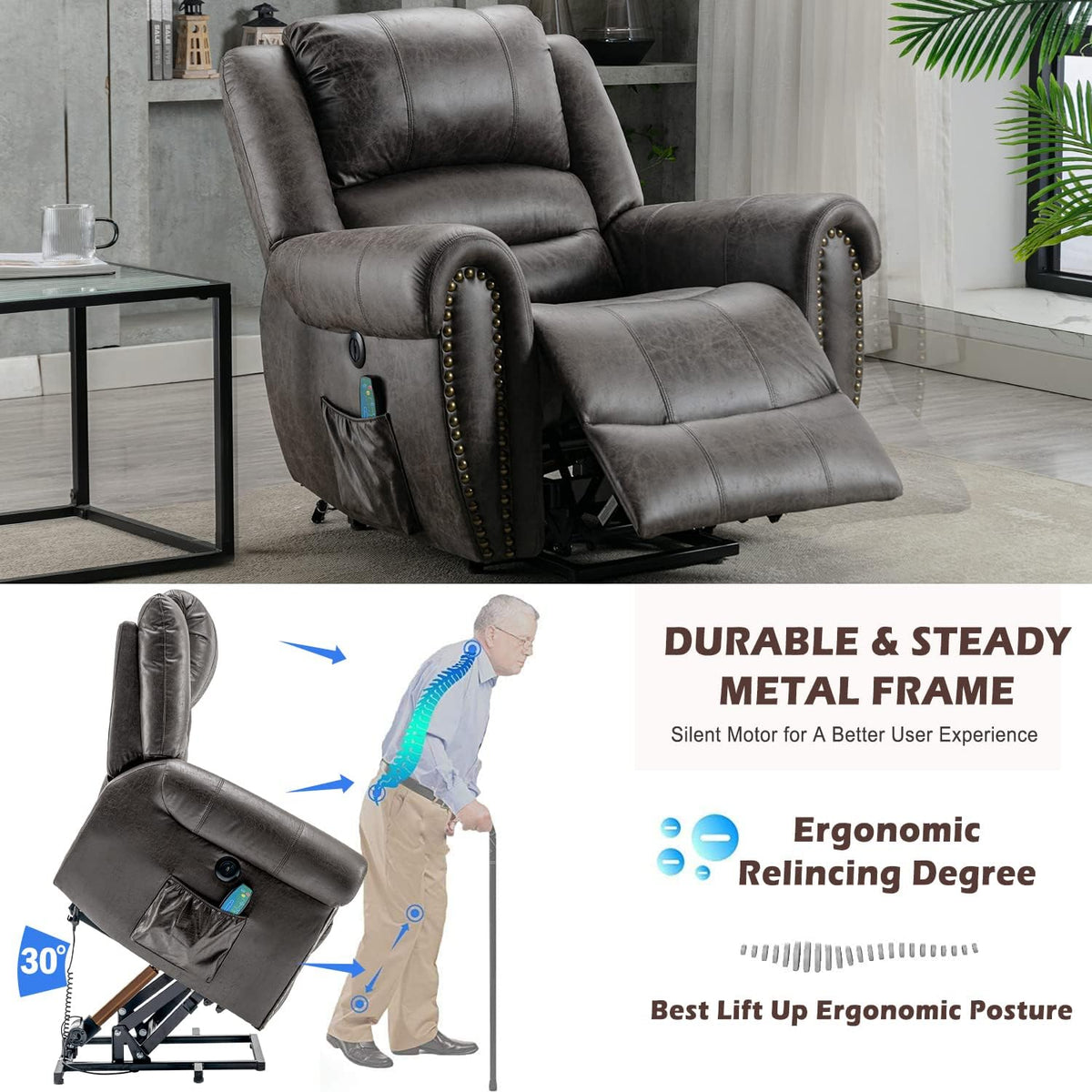 Chester Grey PU Leather Electric Riser Recliner with Massage