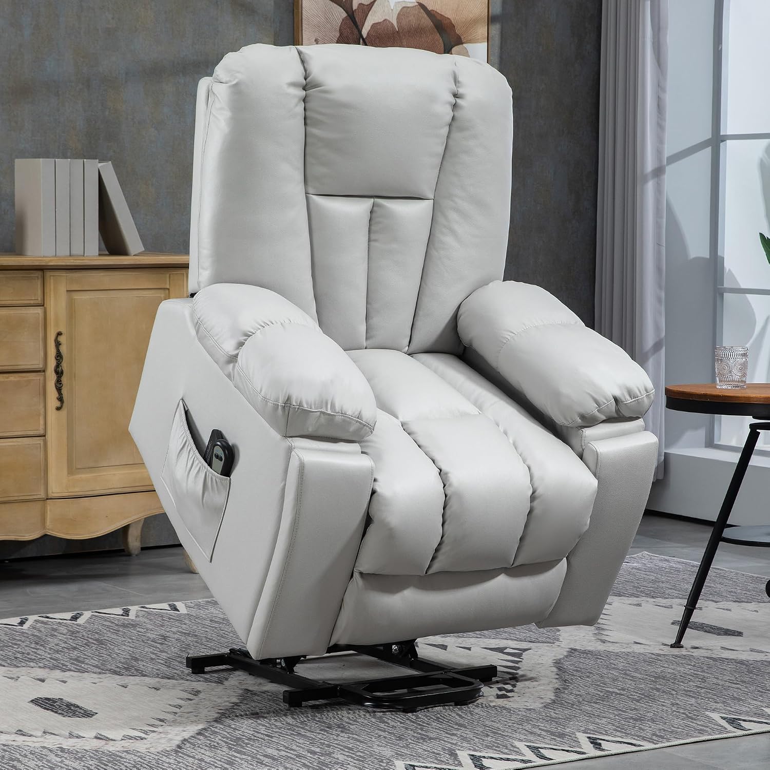 Cotswold Electric Stand-Assist Lift Chair in Breathable Light Grey Leathaire with Pocket Coil Springs & 8-Point Massage