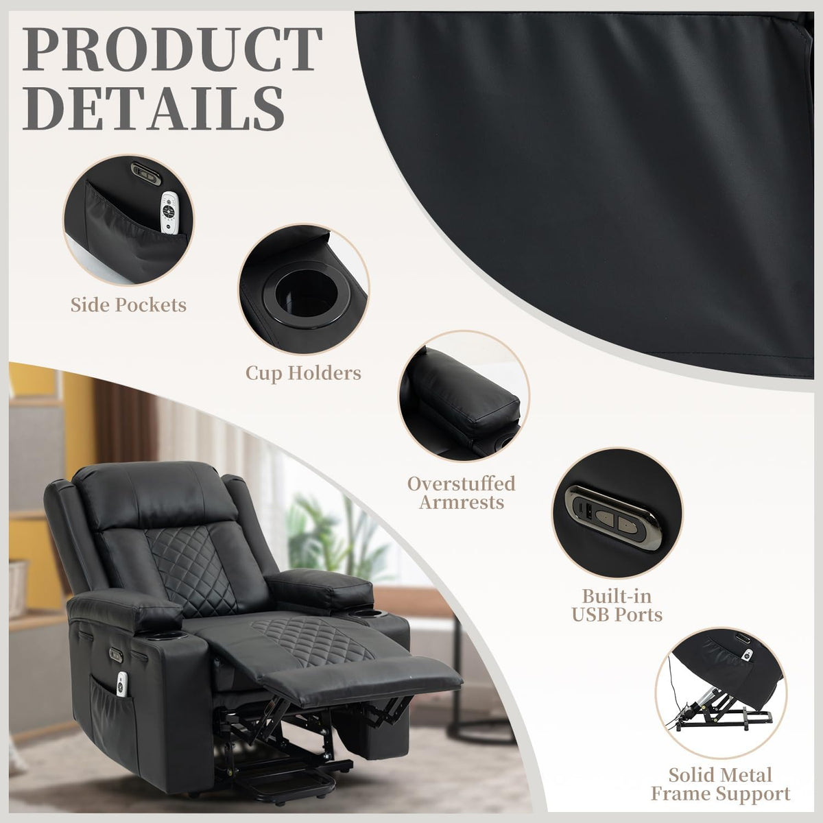 Bristol Electric Stand-Assist Lift Chair in Breathable Black PU Leather with USB/Type-C Charging & Integrated Cup Holders