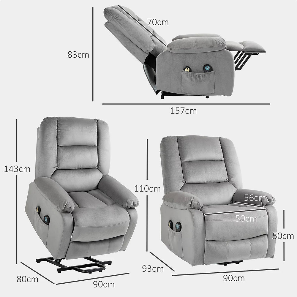 Kent Grey Velvet Riser Recliner with Pocket-Sprung Seating, Lumbar Heat & 9-Mode Massage Specifications