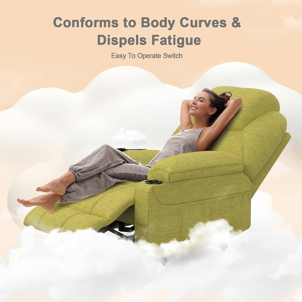 Suffolk Large Stand-Assist Power Lift Recliner in Soft Green Fabric with 150° Lie-Flat Angle, USB-C & Heated Massage Specifications