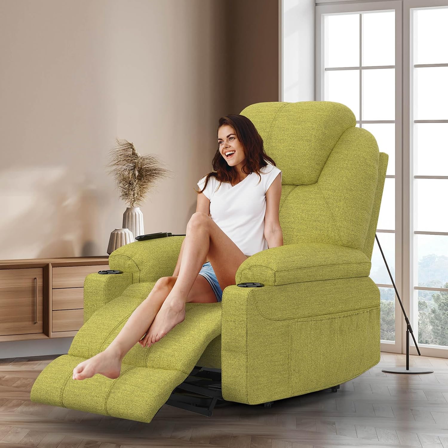 Suffolk Large Stand-Assist Power Lift Recliner in Soft Green Fabric with 150° Lie-Flat Angle, USB-C & Heated Massage