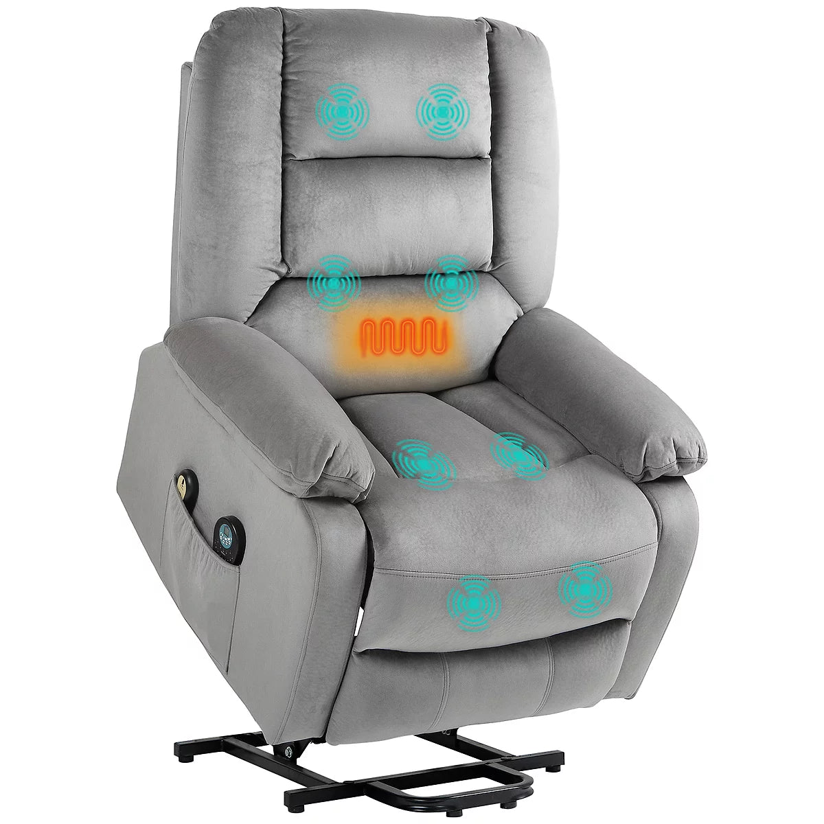 Kent Grey Velvet Riser Recliner with Pocket-Sprung Seating, Lumbar Heat & 9-Mode Massage
