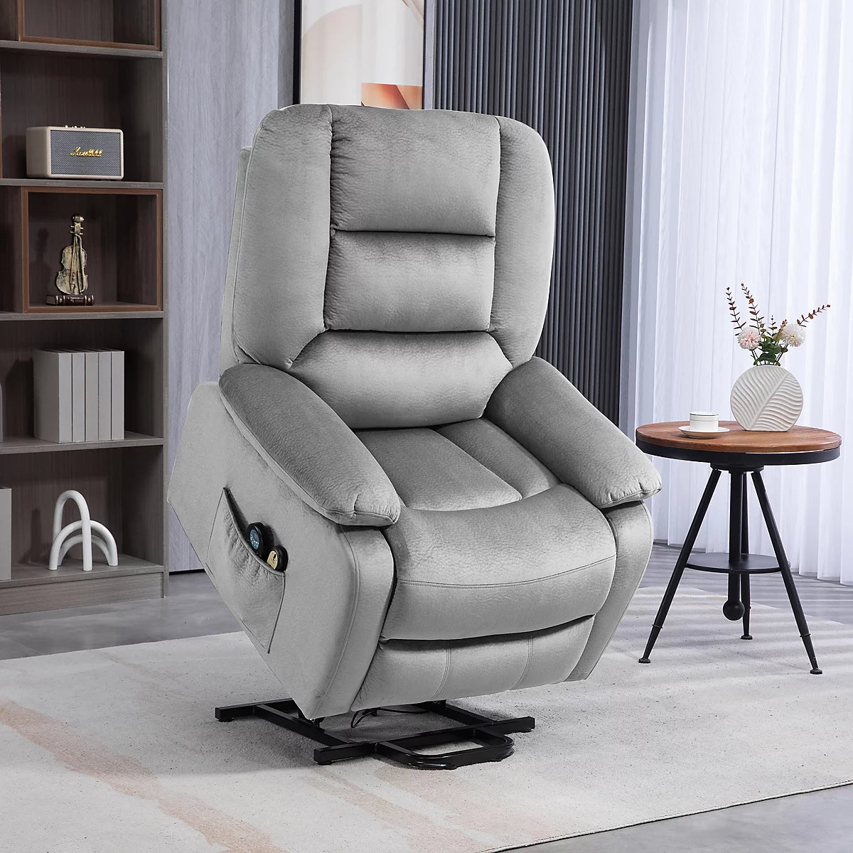 Kent Grey Velvet Riser Recliner with Pocket-Sprung Seating, Lumbar Heat & 9-Mode Massage