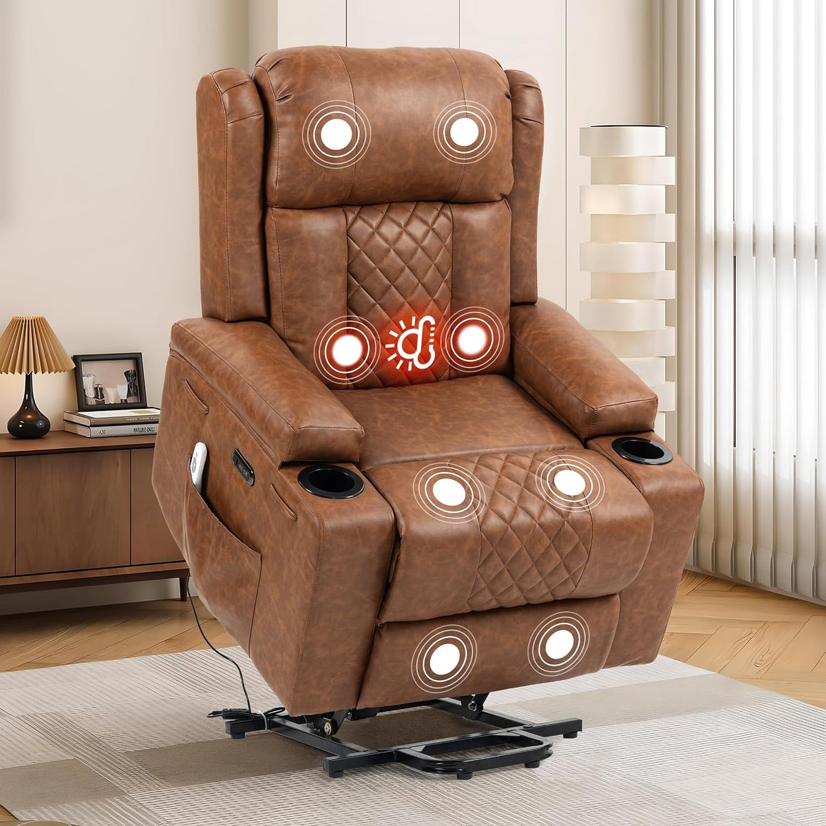 Bristol Orthopaedic Power Lift Armchair in Vintage Chestnut Brown PU Leather with Type-C Port & Heated Massage