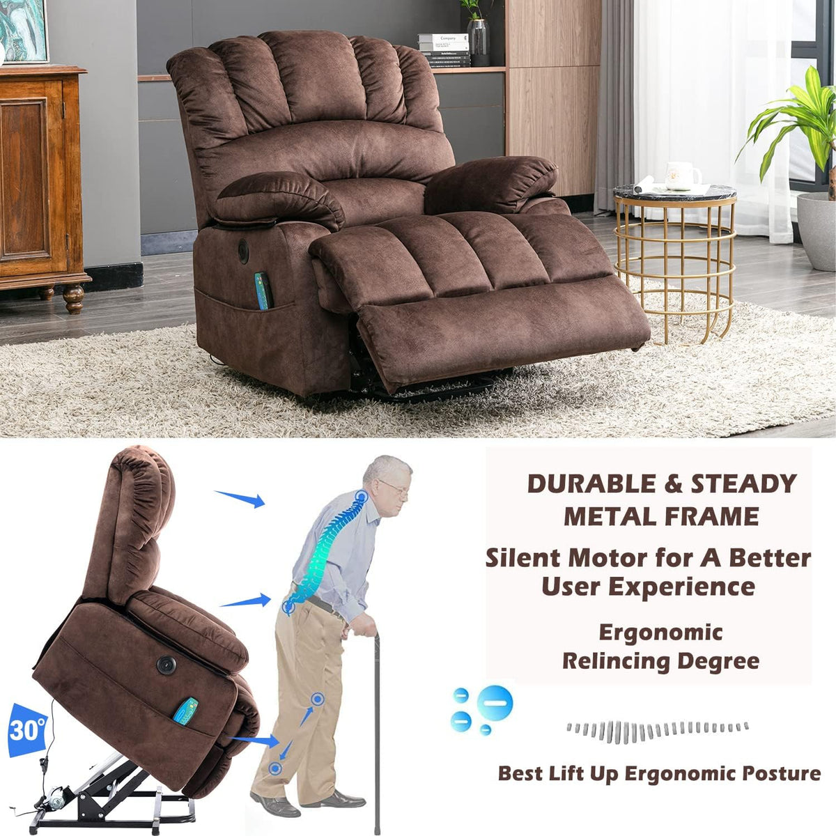 Devon Orthopaedic Power Lift Armchair in Warm Chestnut Brown Twill with OKIN Drive Motor, USB Charger & Lumbar Heat