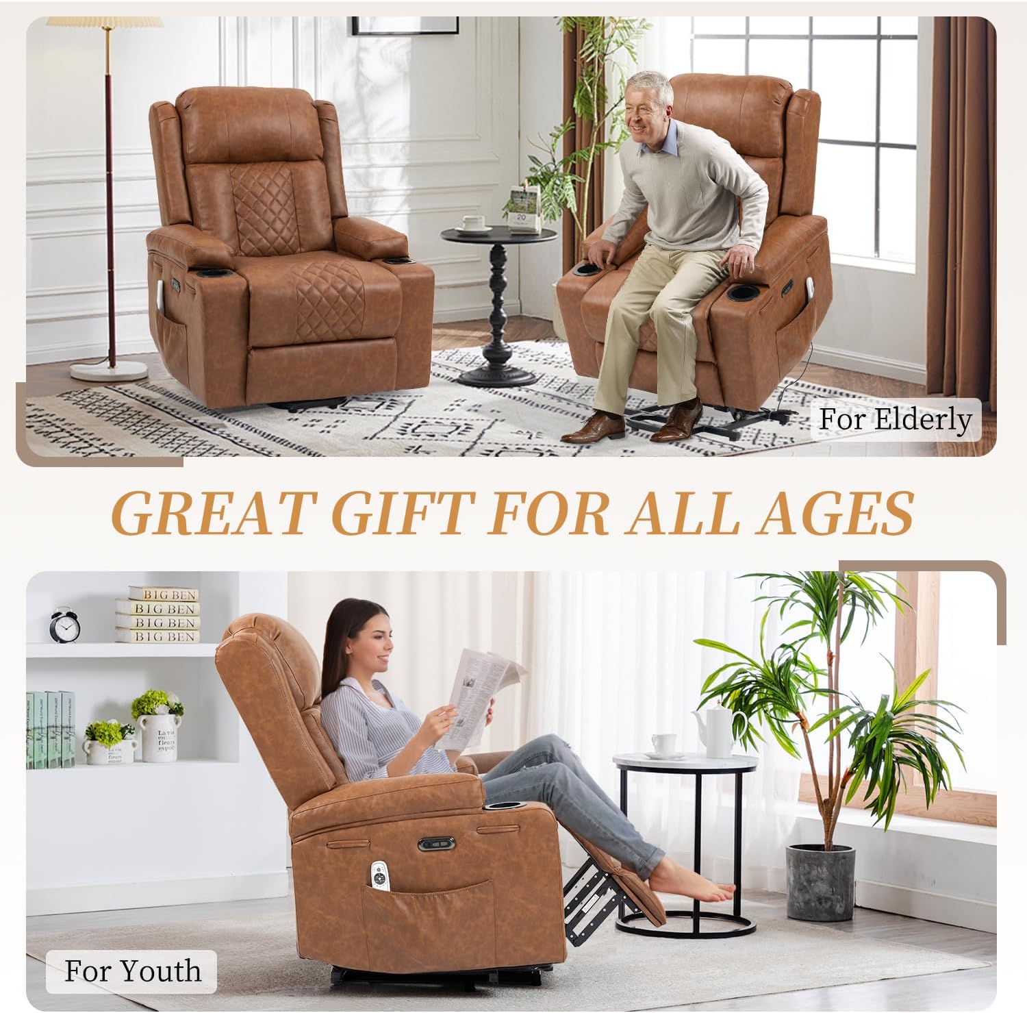 Bristol Orthopaedic Power Lift Armchair in Vintage Chestnut Brown PU Leather with Type-C Port & Heated Massage