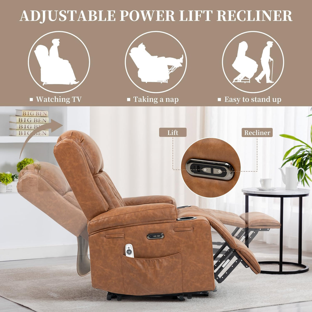 Bristol Orthopaedic Power Lift Armchair in Vintage Chestnut Brown PU Leather with Type-C Port & Heated Massage