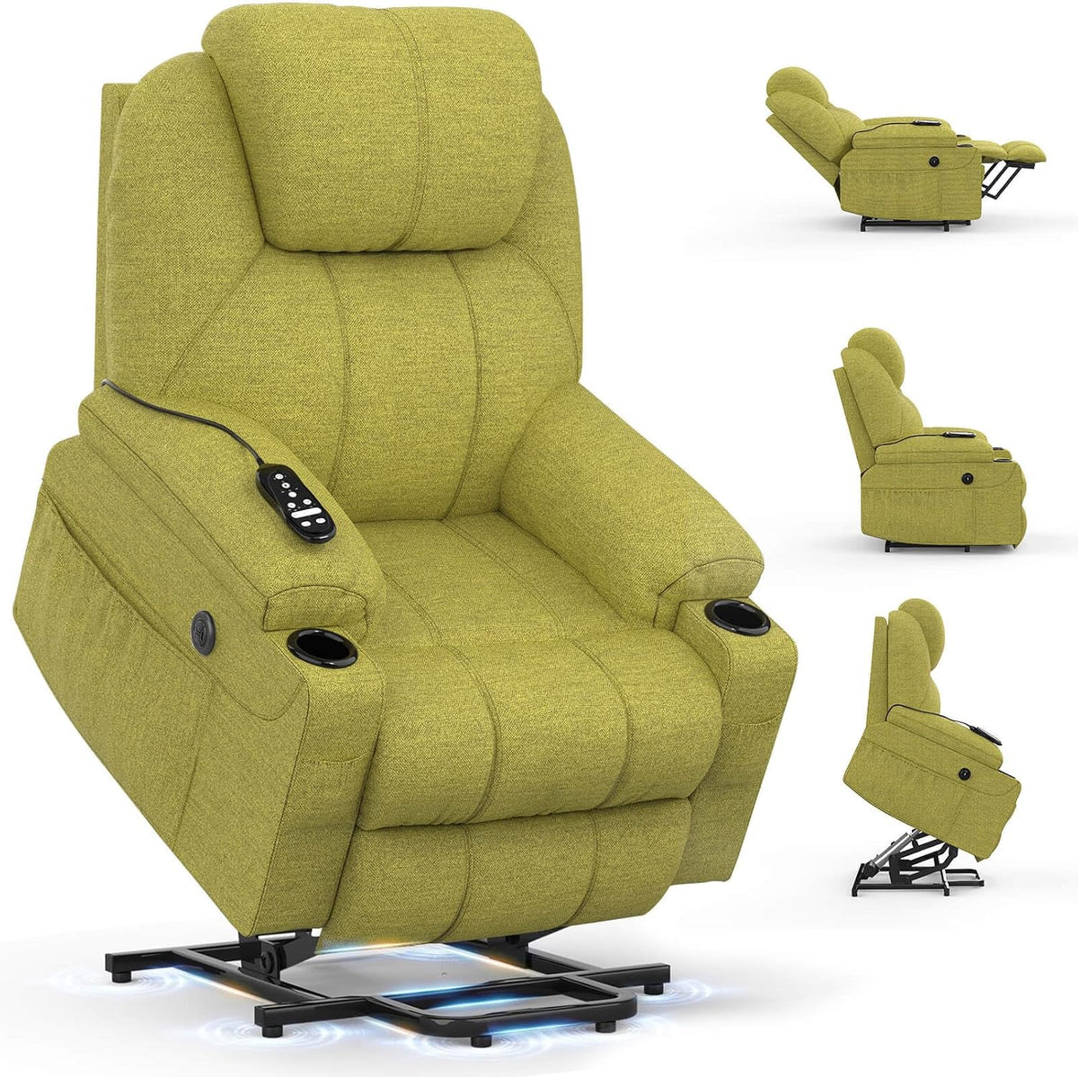 Suffolk Large Stand-Assist Power Lift Recliner in Soft Green Fabric with 150° Lie-Flat Angle, USB-C & Heated Massage