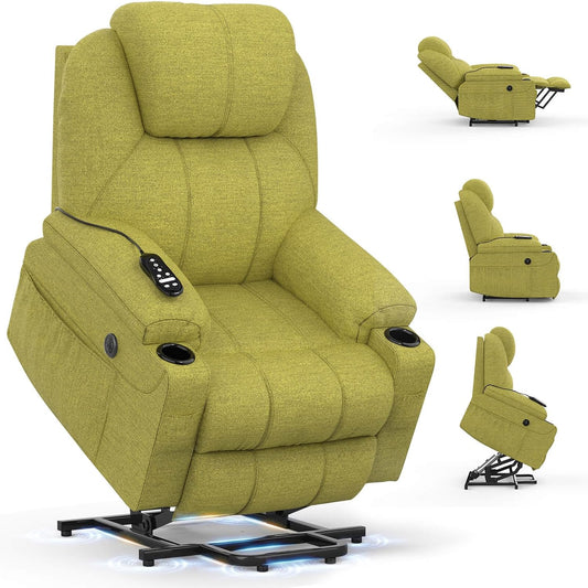 Suffolk Large Stand-Assist Power Lift Recliner in Soft Green Fabric with 150° Lie-Flat Angle, USB-C & Heated Massage