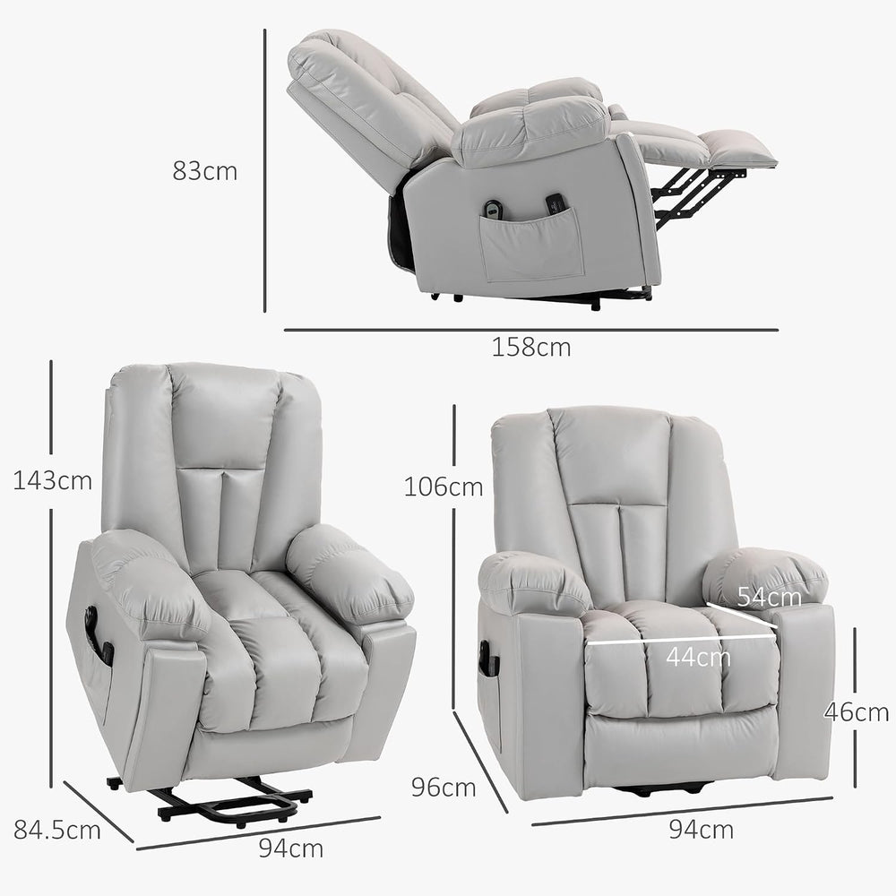 Cotswold Electric Stand-Assist Lift Chair in Breathable Light Grey Leathaire with Pocket Coil Springs & 8-Point Massage Specifications