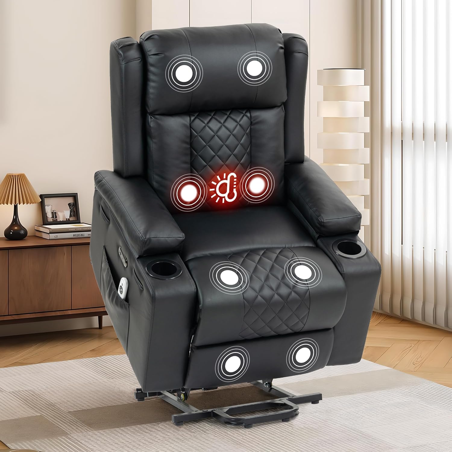 Bristol Electric Stand-Assist Lift Chair in Breathable Black PU Leather with USB/Type-C Charging & Integrated Cup Holders