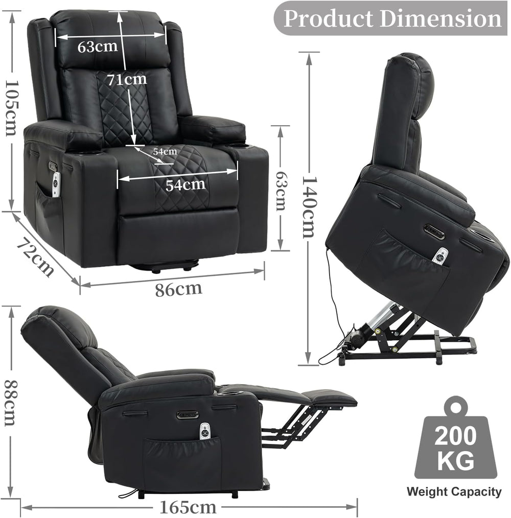 Bristol Electric Stand-Assist Lift Chair in Breathable Black PU Leather with USB/Type-C Charging & Integrated Cup Holders Specifications