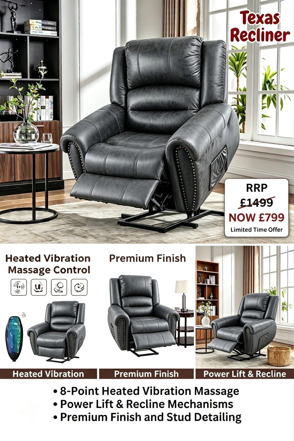 Monaco Luxury Power Lift Recliner – Heated 8-Point Massage