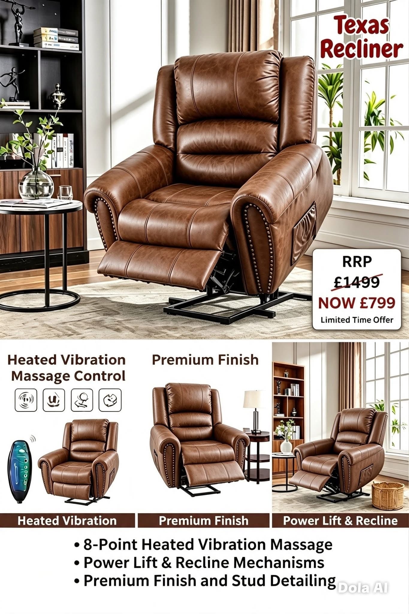 Monaco Luxury Power Lift Recliner – Heated 8-Point Massage